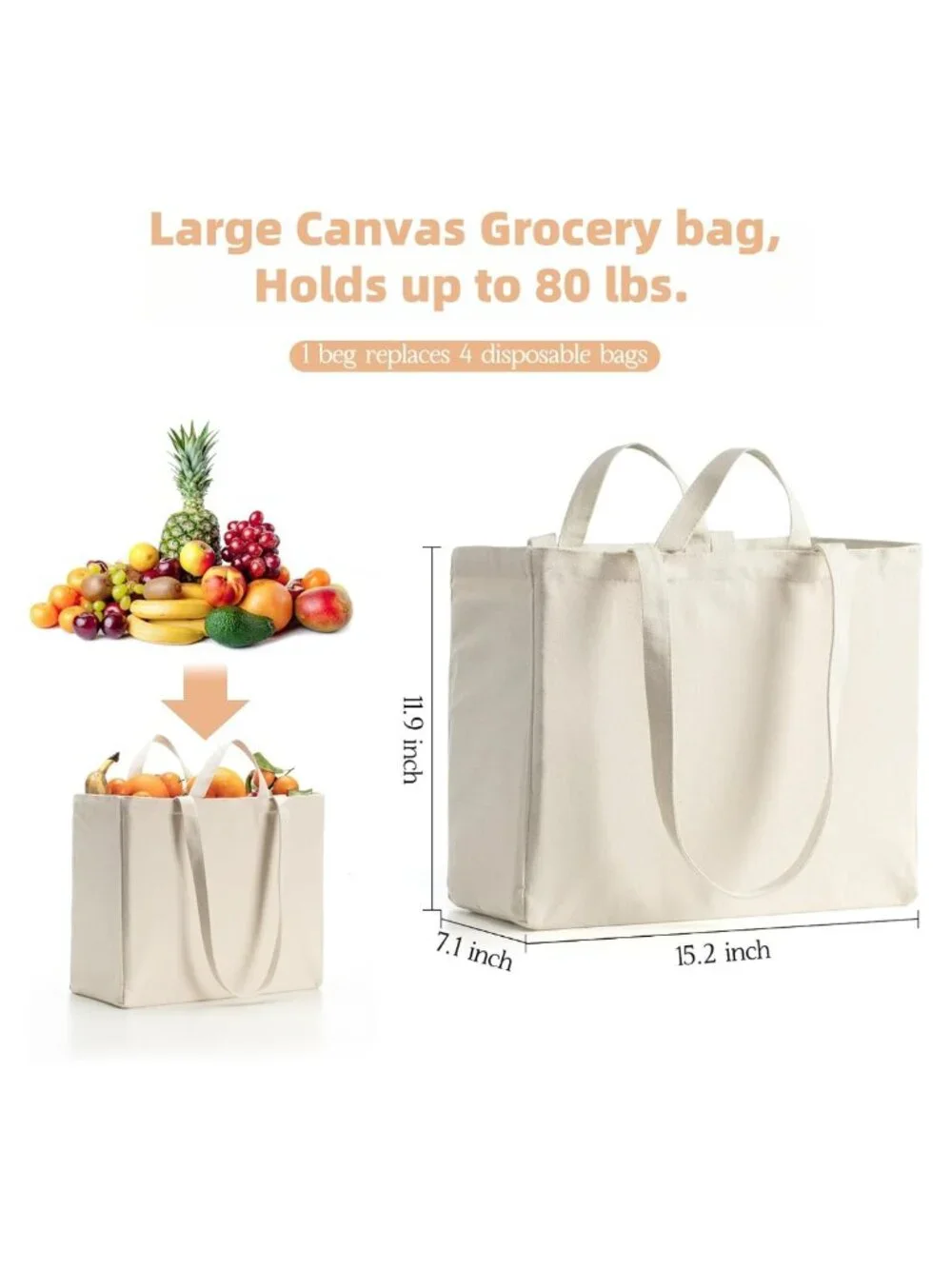 3 Pack Canvas Reusable Grocery Bags Long Shoulder Strap Heavy Duty
